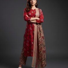 Mayawye Women's Cotton Blend Printed Kurti With Pant Dupatta Set (Red)