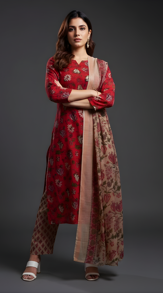 Mayawye Women's Cotton Blend Printed Kurti With Pant Dupatta Set (Red)