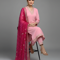 Mayawye Women's Roman Silk Embroidery 3-4th Sleeve V-Neck Kurti With Pant Dupatta Set (Pink)