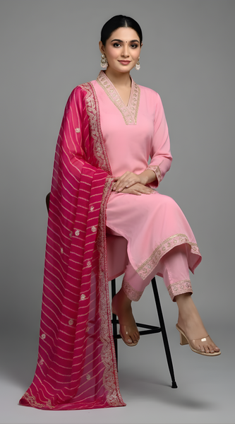 Mayawye Women's Roman Silk Embroidery 3-4th Sleeve V-Neck Kurti With Pant Dupatta Set (Pink)
