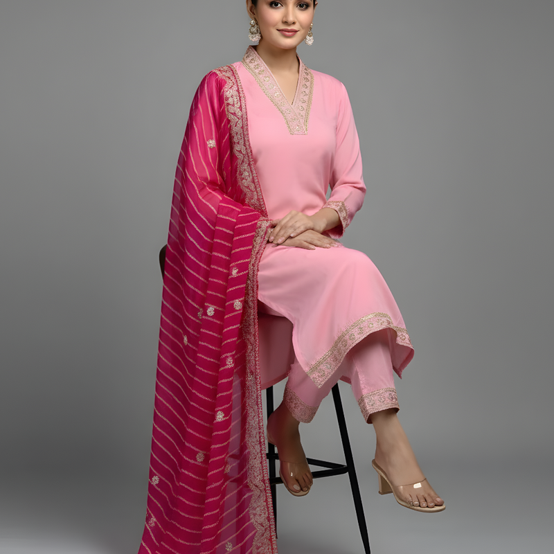 Mayawye Women's Roman Silk Embroidery 3-4th Sleeve V-Neck Kurti With Pant Dupatta Set (Pink)