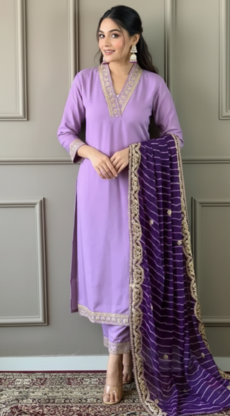Mayawye Women's Roman Silk Embroidery 3-4th Sleeve V-Neck Kurti With Pant Dupatta Set (Lavender)