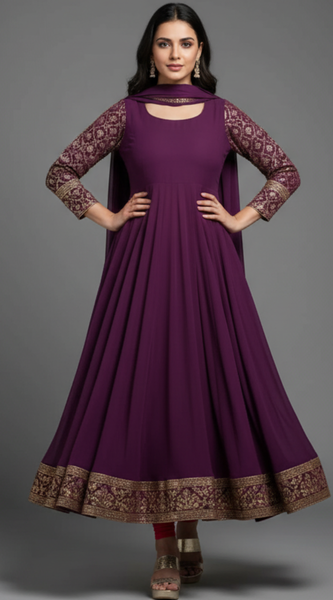 Mayawye Women's Georgette Embroidery 3-4th Sleeve Round Neck Kurti with Dupatta Set (Wine)