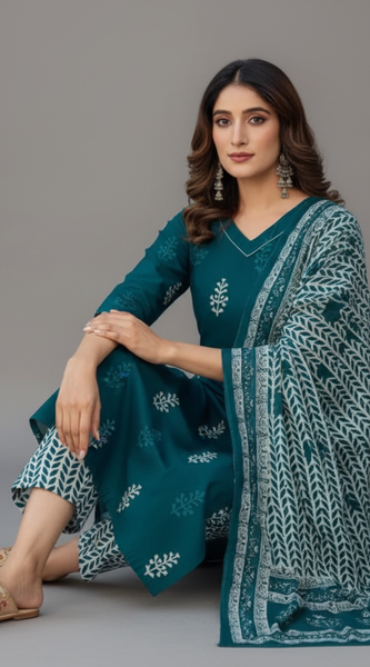 Mayawye Women's Cotton Blend Printed Kurti With Pant Dupatta Set (Morpichh)