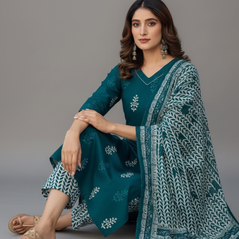 Mayawye Women's Cotton Blend Printed Kurti With Pant Dupatta Set (Morpichh)