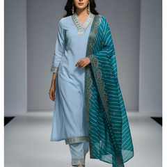Mayawye Women's Roman Silk Embroidery 3-4th Sleeve V-Neck Kurti With Pant Dupatta Set (Rama)
