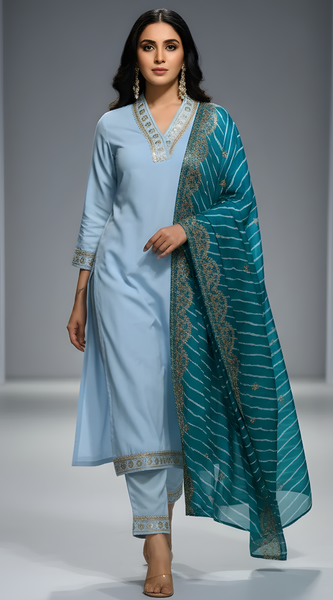 Mayawye Women's Roman Silk Embroidery 3-4th Sleeve V-Neck Kurti With Pant Dupatta Set (Rama)