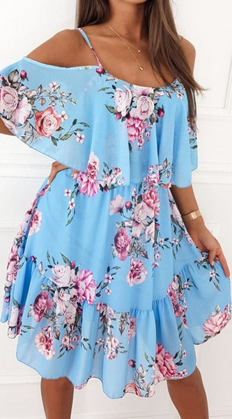 Flower Printed Ruffled Suspender Dress Summer Off-The-Shoulder Strap Dresses Women