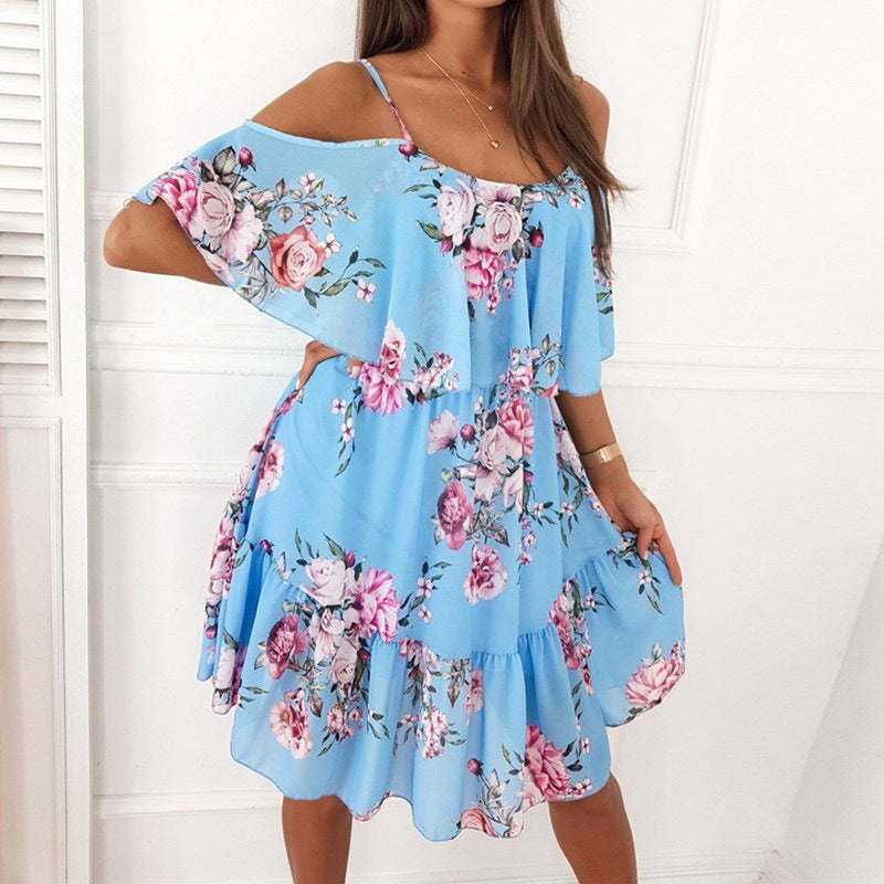 Flower Printed Ruffled Suspender Dress Summer Off-The-Shoulder Strap Dresses Women