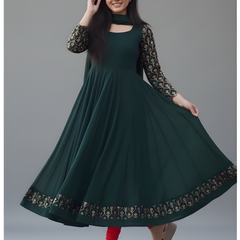 Mayawye Women's Georgette Embroidery 3-4th Sleeve Round Neck Kurti with Dupatta Set (Green)
