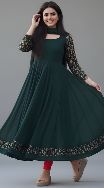 Mayawye Women's Georgette Embroidery 3-4th Sleeve Round Neck Kurti with Dupatta Set (Green)