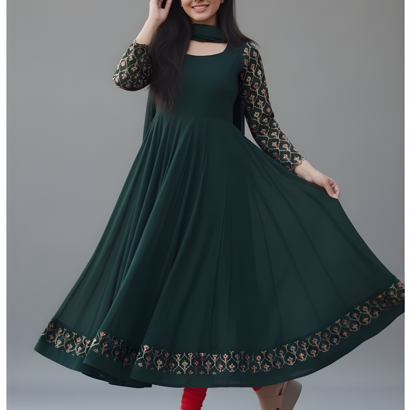 Mayawye Women's Georgette Embroidery 3-4th Sleeve Round Neck Kurti with Dupatta Set (Green)