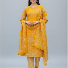 Mayawye Women's Cotton Blend Printed Kurti With Pant Dupatta Set (Yellow)