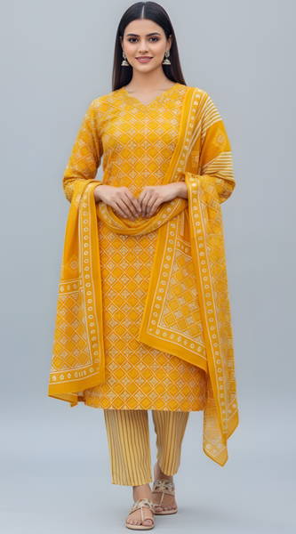 Mayawye Women's Cotton Blend Printed Kurti With Pant Dupatta Set (Yellow)