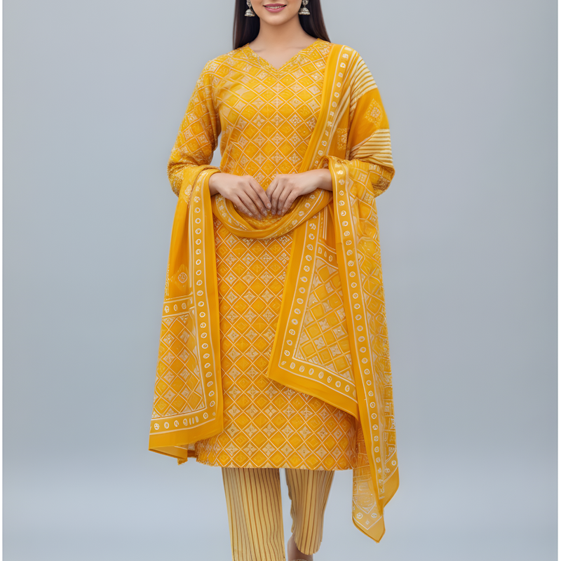 Mayawye Women's Cotton Blend Printed Kurti With Pant Dupatta Set (Yellow)