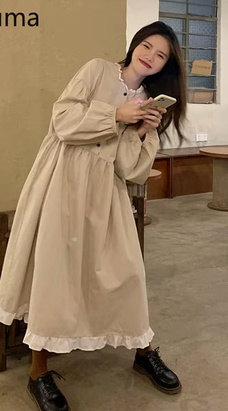 Autumn New Korean Style Dress Women Ruffles Patchwork O Neck Long Sleeve Dresses Slim Waist Elegant Vestidos Mujer