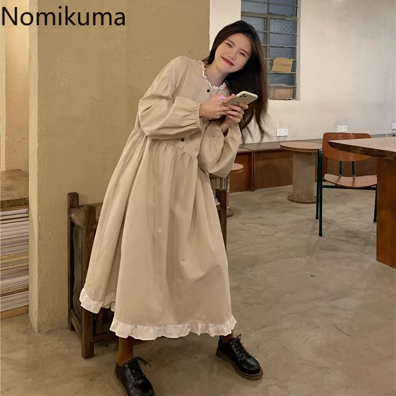 Autumn New Korean Style Dress Women Ruffles Patchwork O Neck Long Sleeve Dresses Slim Waist Elegant Vestidos Mujer