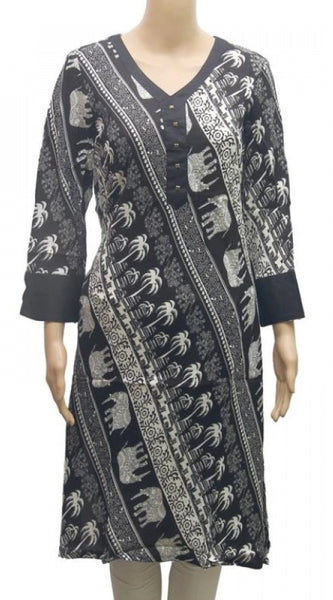 Mayawye Women's Rayon Kurtis (Black, White, XL)