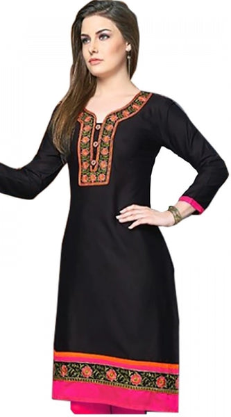 Mayawye Women's Linen and Cotton Mix Kurtis (Black, Pink, L)
