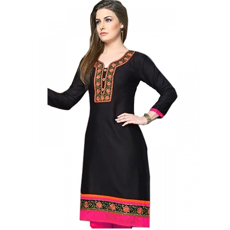 Mayawye Women's Linen and Cotton Mix Kurtis (Black, Pink, L)