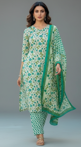 Mayawye Women's Cotton Blend Printed Kurti With Pant Dupatta Set (Pista)