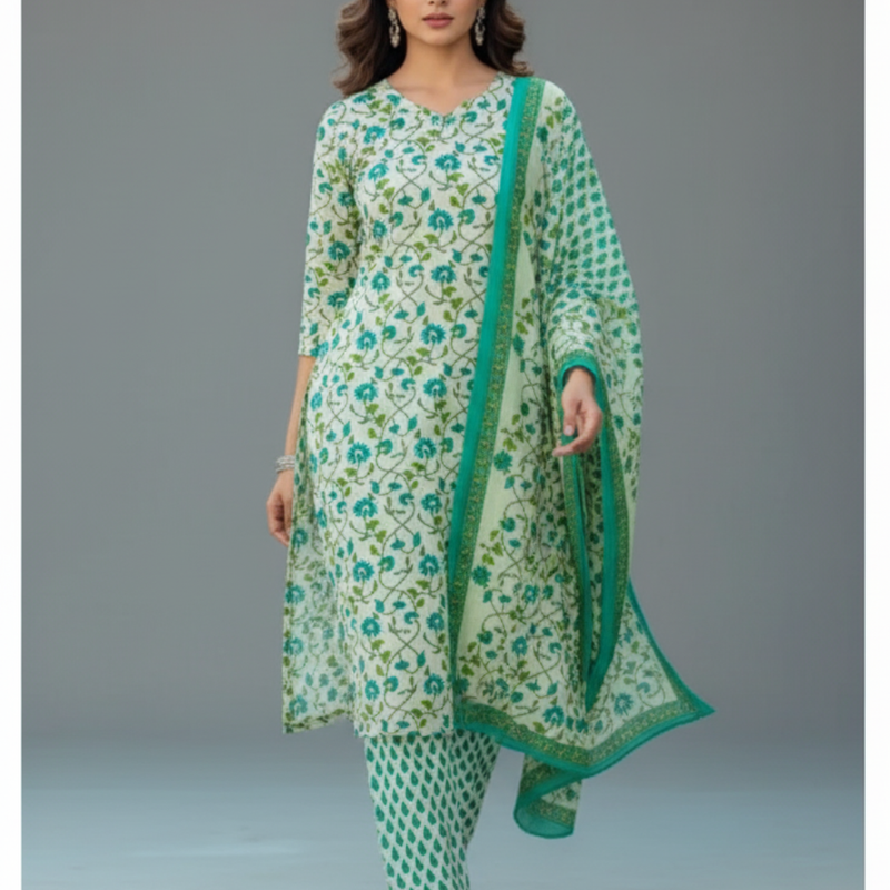 Mayawye Women's Cotton Blend Printed Kurti With Pant Dupatta Set (Pista)