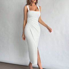 Firerie Women Square Neckline Ruched Waist Slit Dress, Elegant & Suitable for Vacation, Daily Wear or Wedding Season,Summer Dresses for Women,Tea Party Dress,White Graduation Dress