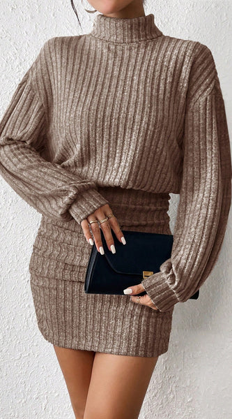 Frenchy Women'S High Neck Ribbed Drop Shoulder Long Sleeve Sweater Textured Fabric Dress