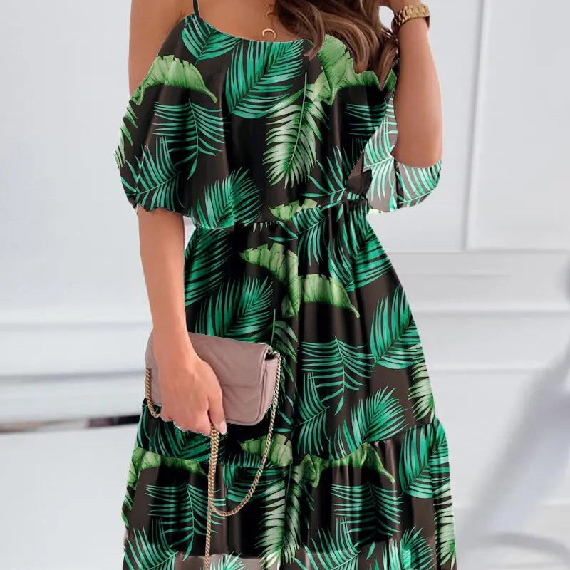 Flower Printed Ruffled Suspender Dress Summer Off-The-Shoulder Strap Dresses Women