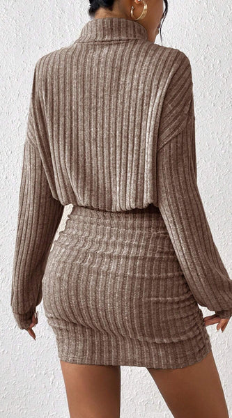 Frenchy Women'S High Neck Ribbed Drop Shoulder Long Sleeve Sweater Textured Fabric Dress