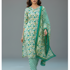 Mayawye Women's Cotton Blend Printed Kurti With Pant Dupatta Set (Pista)