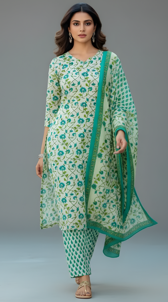 Mayawye Women's Cotton Blend Printed Kurti With Pant Dupatta Set (Pista)