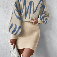 Chiquease Graphic Pattern Batwing Sleeve Sweater Dress Fall Winter Cloth for Women