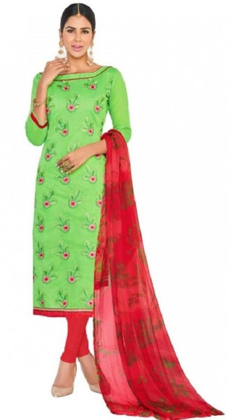 Mayawye Womens Chanderi Regular Unstitched Salwar-Suit Material With Dupatta (Green, Red, 2 mtr)