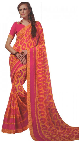 Mayawye Womens Georgette Digital Printed Saree (Dark Pink, Orange, 6.25 Mtr)