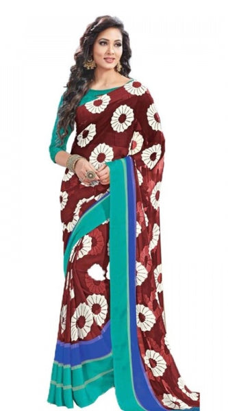 Mayawye Womens Geogrette Saree with Blouse Digital Printed Saree (Brown, 6.25 Mtr)