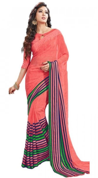 Mayawye Womens Geogrette Saree with Blouse Digital Printed Saree (Peach, 6.25 Mtr)