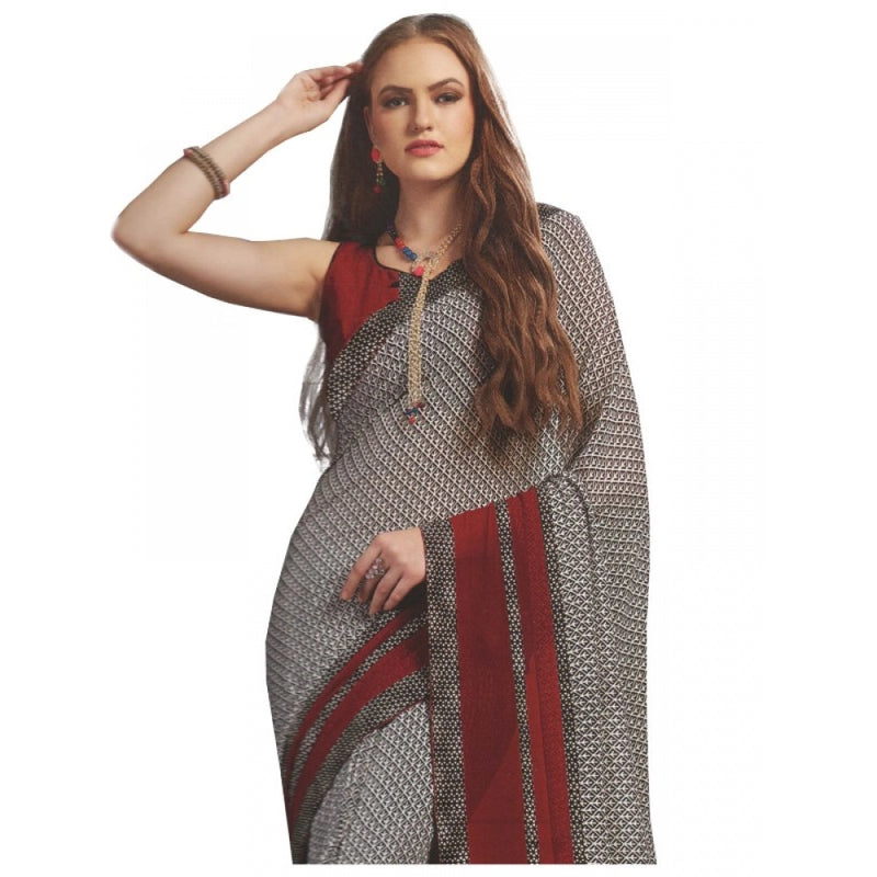 Mayawye Womens Georgette Digital Printed Saree (Grey, Red, 6.25 Mtr)