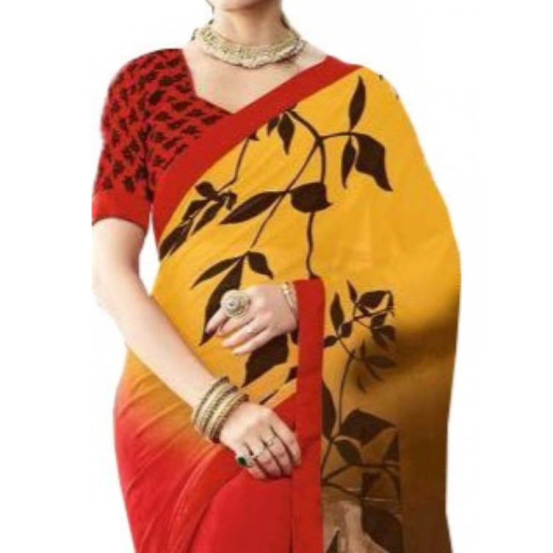 Mayawye Womens Georgette Digital Printed Saree (Red, Yellow, 6.25 Mtr)