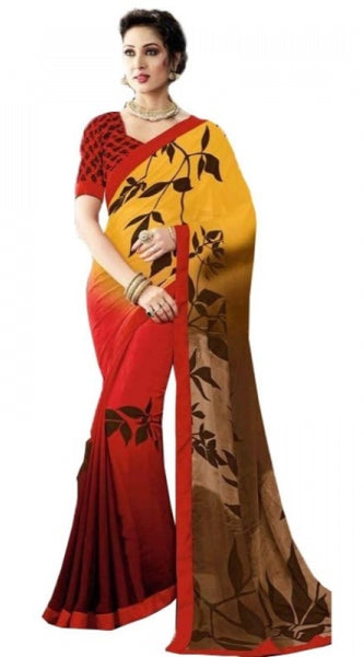 Mayawye Womens Georgette Digital Printed Saree (Red, Yellow, 6.25 Mtr)