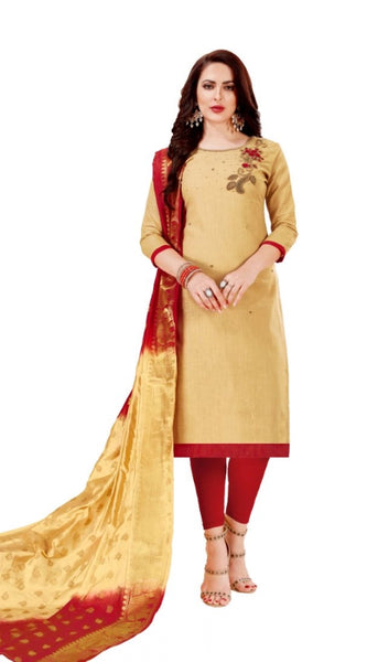 Mayawye Women's Slub Cotton Unstitched Salwar-Suit Material With Dupatta (Sandel, 2-2.5mtrs)