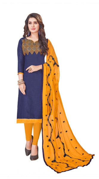 Mayawye Women's Slub Cotton Unstitched Salwar-Suit Material With Dupatta (Blue, 2-2.5mtrs)