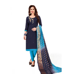 Mayawye Women's Slub Cotton Unstitched Salwar-Suit Material With Dupatta (Navy Blue, 2-2.5mtrs)