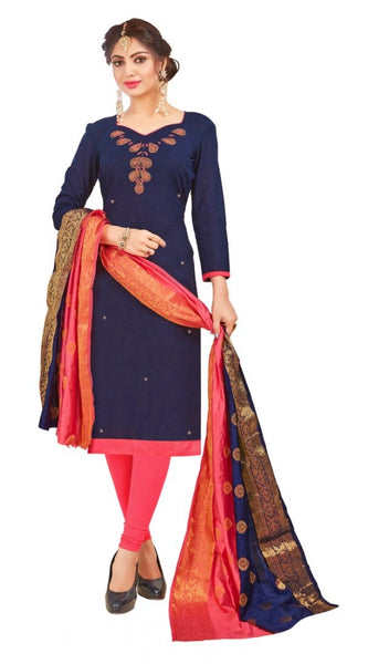 Mayawye Women's South Slub Cotton Unstitched Salwar-Suit Material With Dupatta (Navy Blue, 2-2.5mtrs)