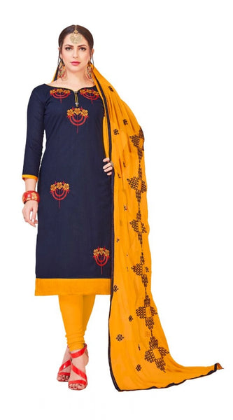 Mayawye Women's Slub Cotton Unstitched Salwar-Suit Material With Dupatta (Navy Blue, 2-2.5mtrs)