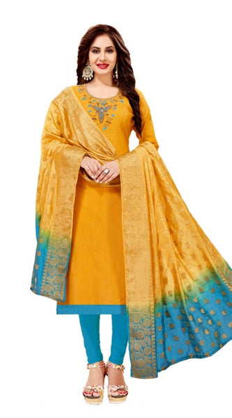 Mayawye Women's Slub Cotton Unstitched Salwar-Suit Material With Dupatta (Yellow, 2-2.5mtrs)