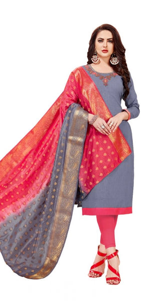 Mayawye Women's Slub Cotton Unstitched Salwar-Suit Material With Dupatta (Grey, 2-2.5mtrs)
