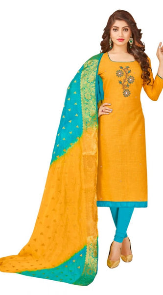 Mayawye Women's South Slub Cotton Unstitched Salwar-Suit Material With Dupatta (Yellow, 2-2.5mtrs)