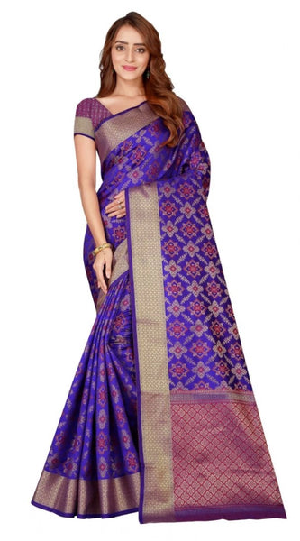 Mayawye Women's Kanjivaram Silk Saree with Blouse (Blue, 5-6 Mtrs)