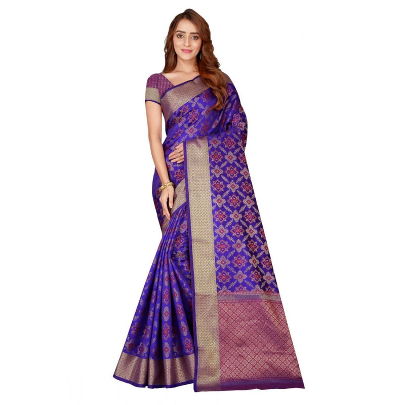 Mayawye Women's Kanjivaram Silk Saree with Blouse (Blue, 5-6 Mtrs)
